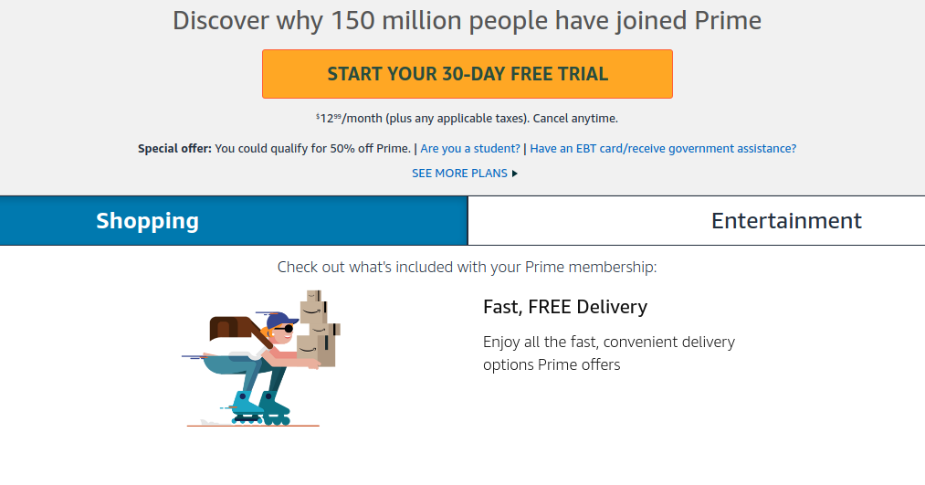 Skjermdump fra Amazon sin nettside som promoterer Amazon Prime. Gratis levering og 150 millioner medlemmer promoteres.