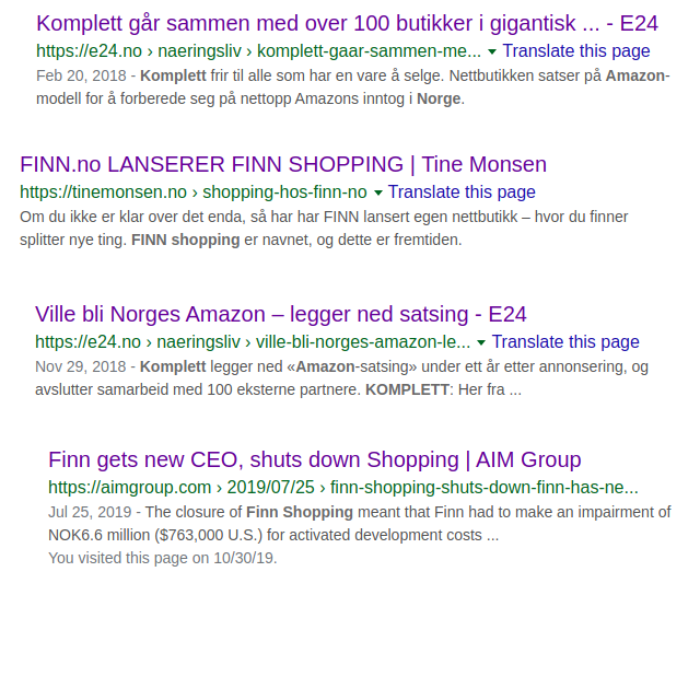 Søkemotorresultater som viser at Finn og Komplett startet et shoppingtjeneste i 2018 som de fort la ned igjen.