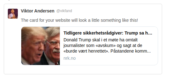 Social share preview image of an article on the Norwegian news site NRK. The image is small and crops half of John Bolton's face out.