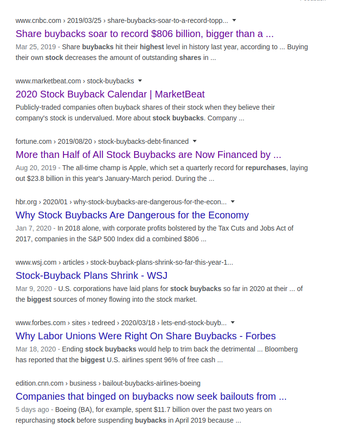 Googlesøk på "biggest stock buybacks" 29. mars 2020. (del_2)
