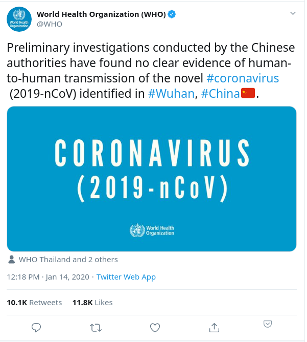 WHO melder i en Tweet at det ikke finnes bevis for menneske-til-menneske smitte for viruset.