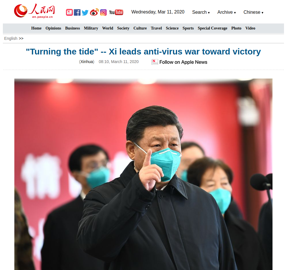 Artikkel fra kinesisk statsmedia med overskrift "Turning the tide" -- Xi leads anti-virus war toward victory